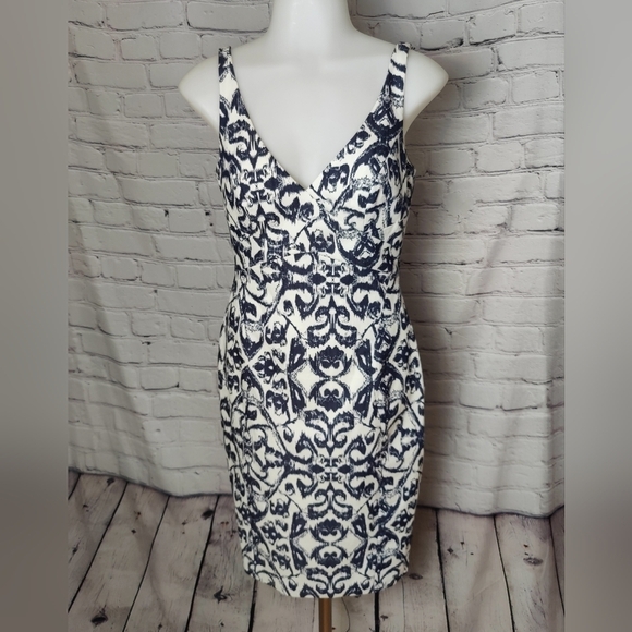 JayGodfrey V-Neck Midi Length Sheath Lined Blue & White Dress Size 4 - Picture 1 of 9